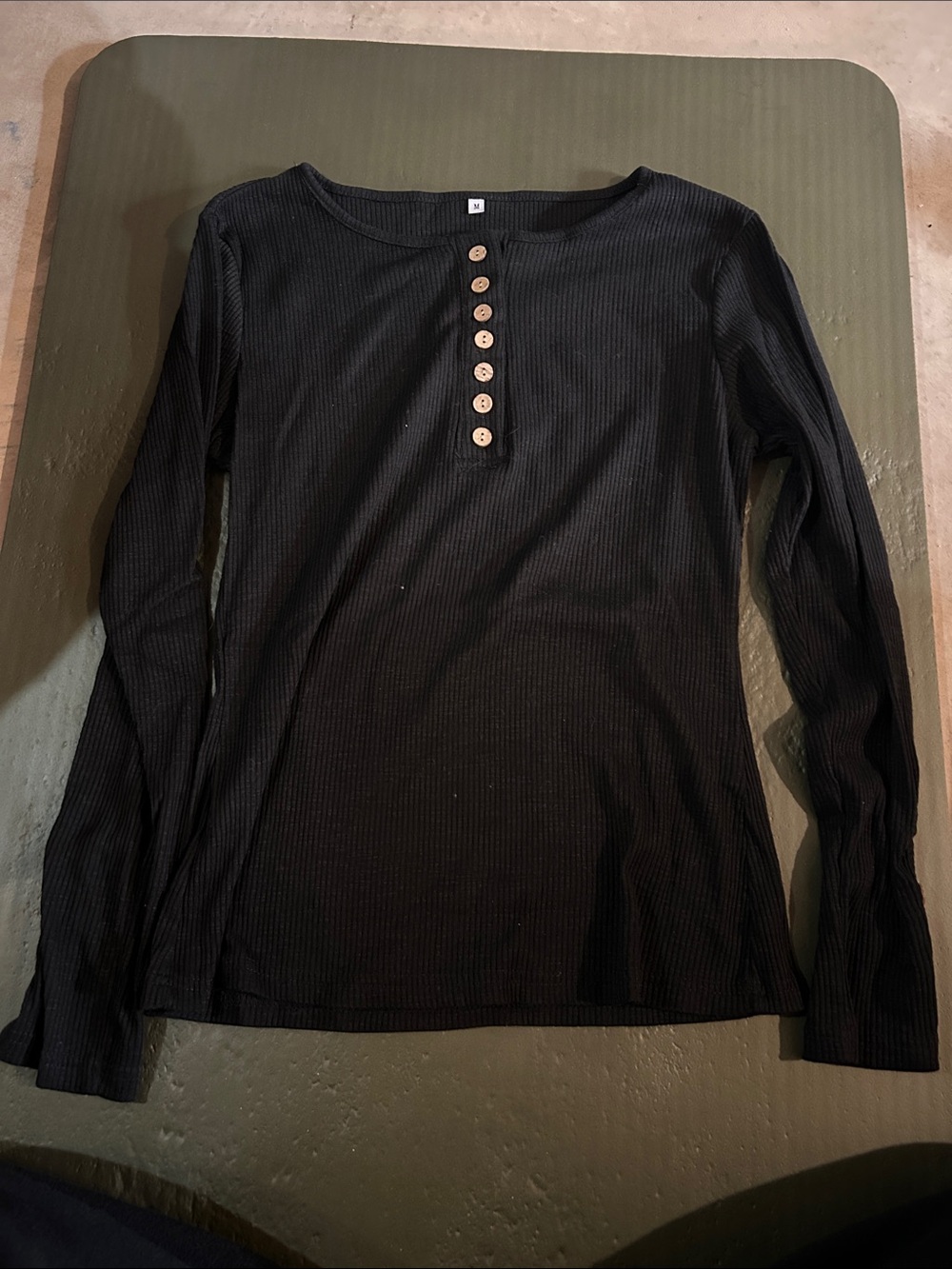Black Ribbed Long-Sleeve Henley Top